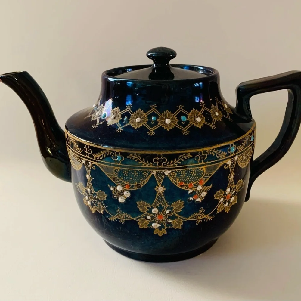 Vintage Price Bros England Teapot Iridescent Blue Purple Enameled Floral